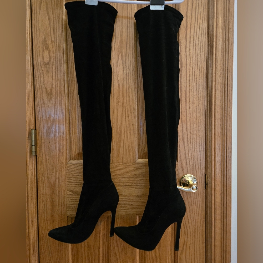 Zara Stretch Suede Black Over-the-Knee  Thigh High Boots